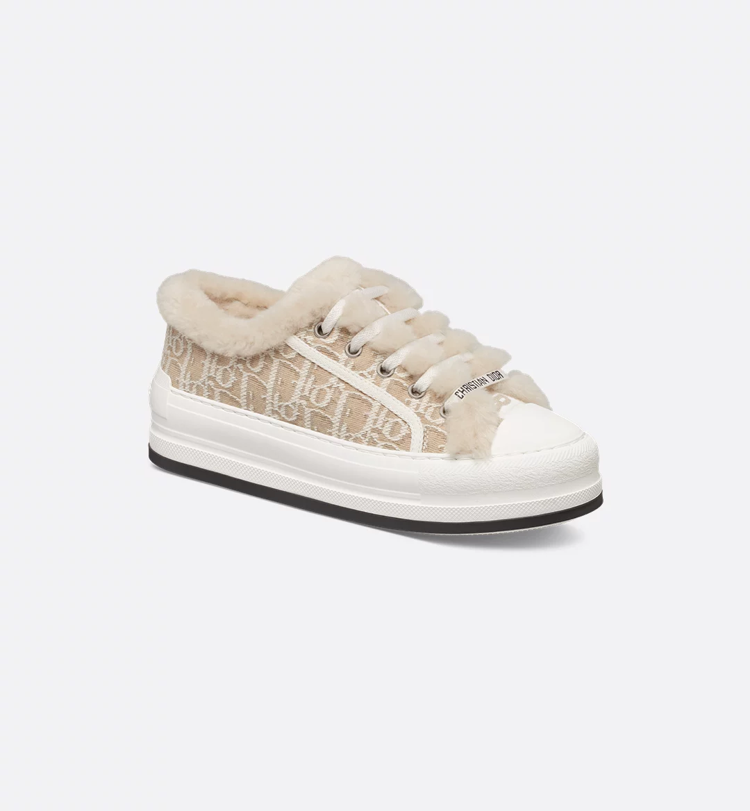 Walk'n'Dior Platform Sneaker Beige Cotton Embroidered with Dior Oblique Motif and Ecru Lambskin Shearling